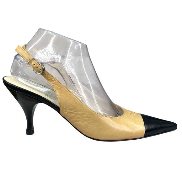 Salvatore Ferragamo Women’s Tan Black Pointed Toe Kitten Heel Size 9 B - Picture 1 of 12